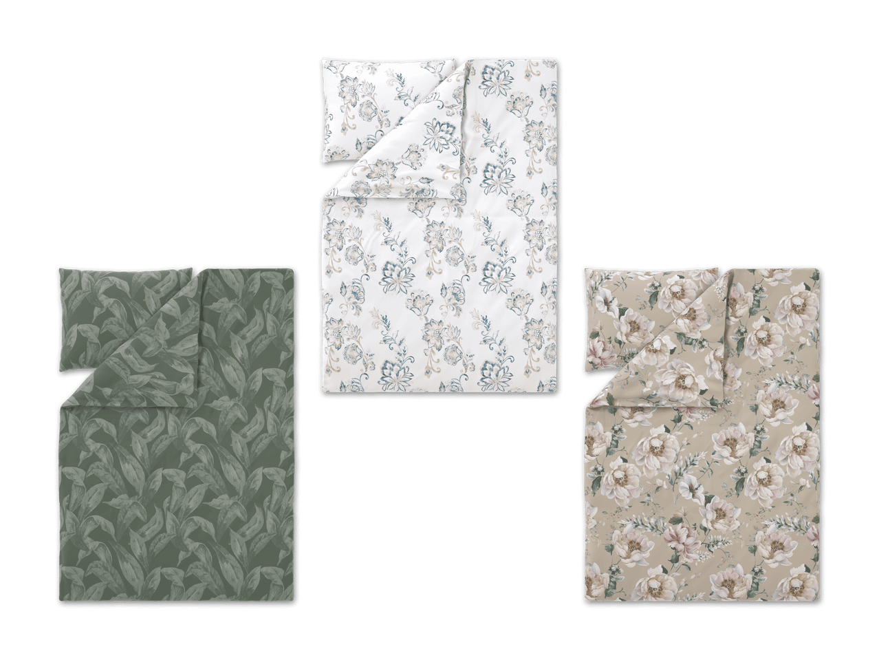 Drei Bettwäsche-Sets mit floralen Mustern: grün mit Blättern, weiß mit blauen und beigen Blumen, beige mit rosa Pfingstrosen.