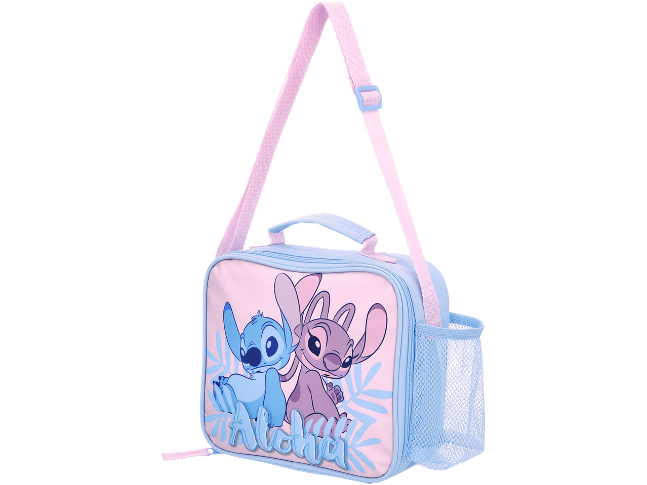 Stitch lunch bag with side pocket, pink and blue.