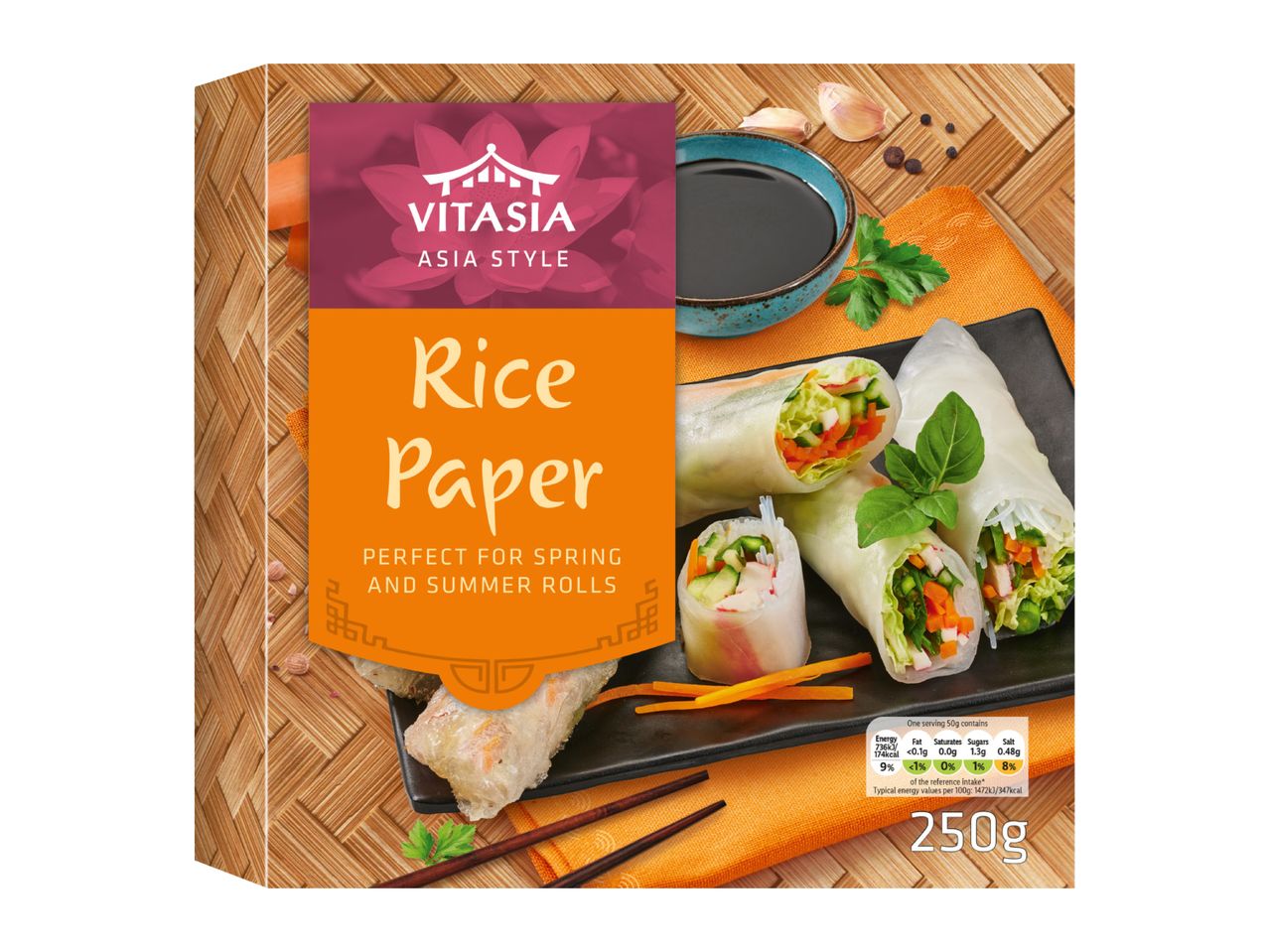 Vitasia Rice Paper for spring and summer rolls, with nutrition info and 250g weight.