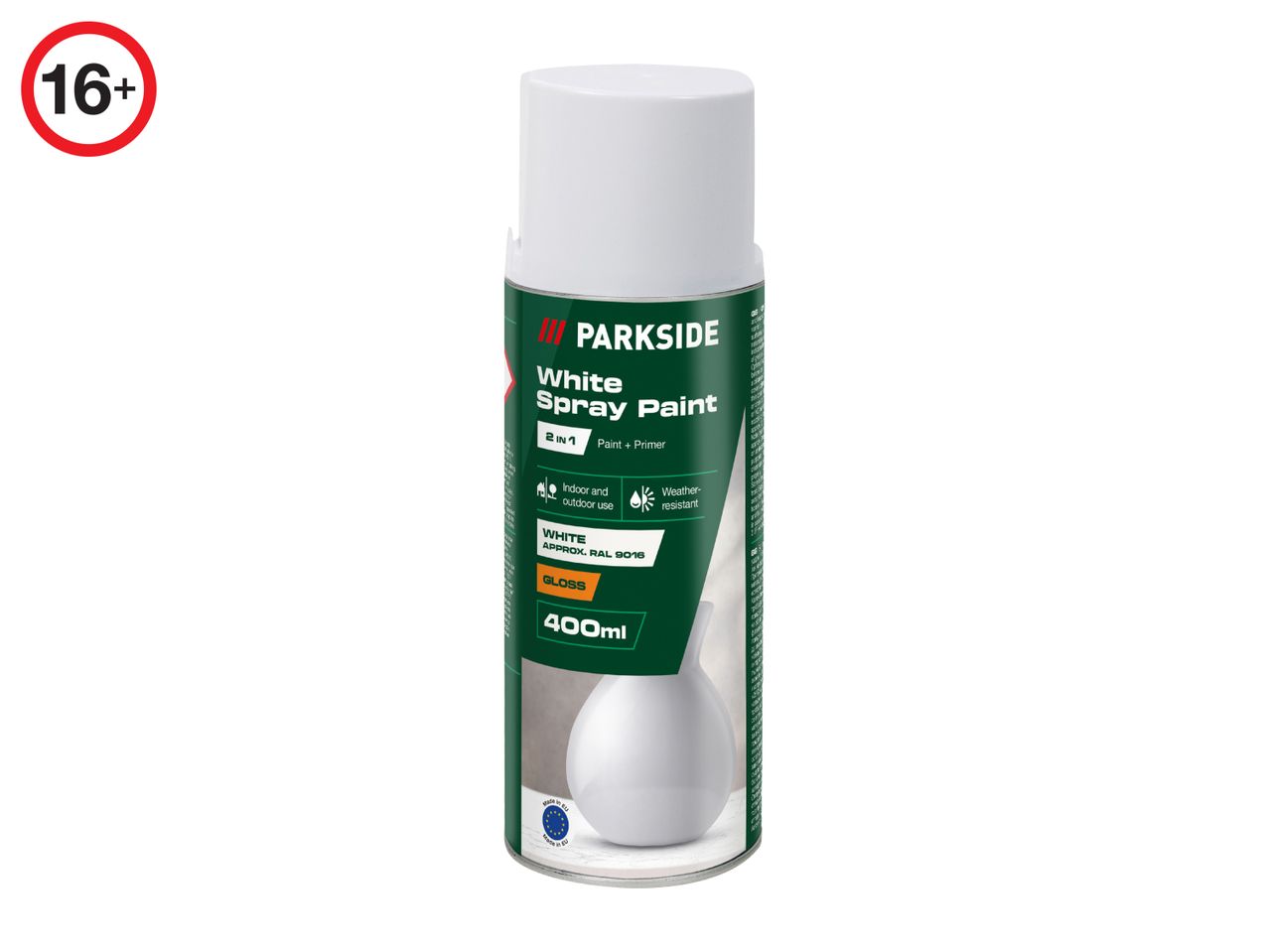 PARKSIDE white spray paint and primer, 400ml, with a 16+ age restriction.