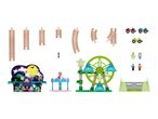 Wooden train tracks, toy cars, figures, and amusement park attractions.
