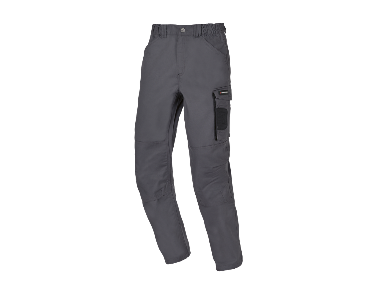 Grey work trousers with elasticated waist and cargo pockets.