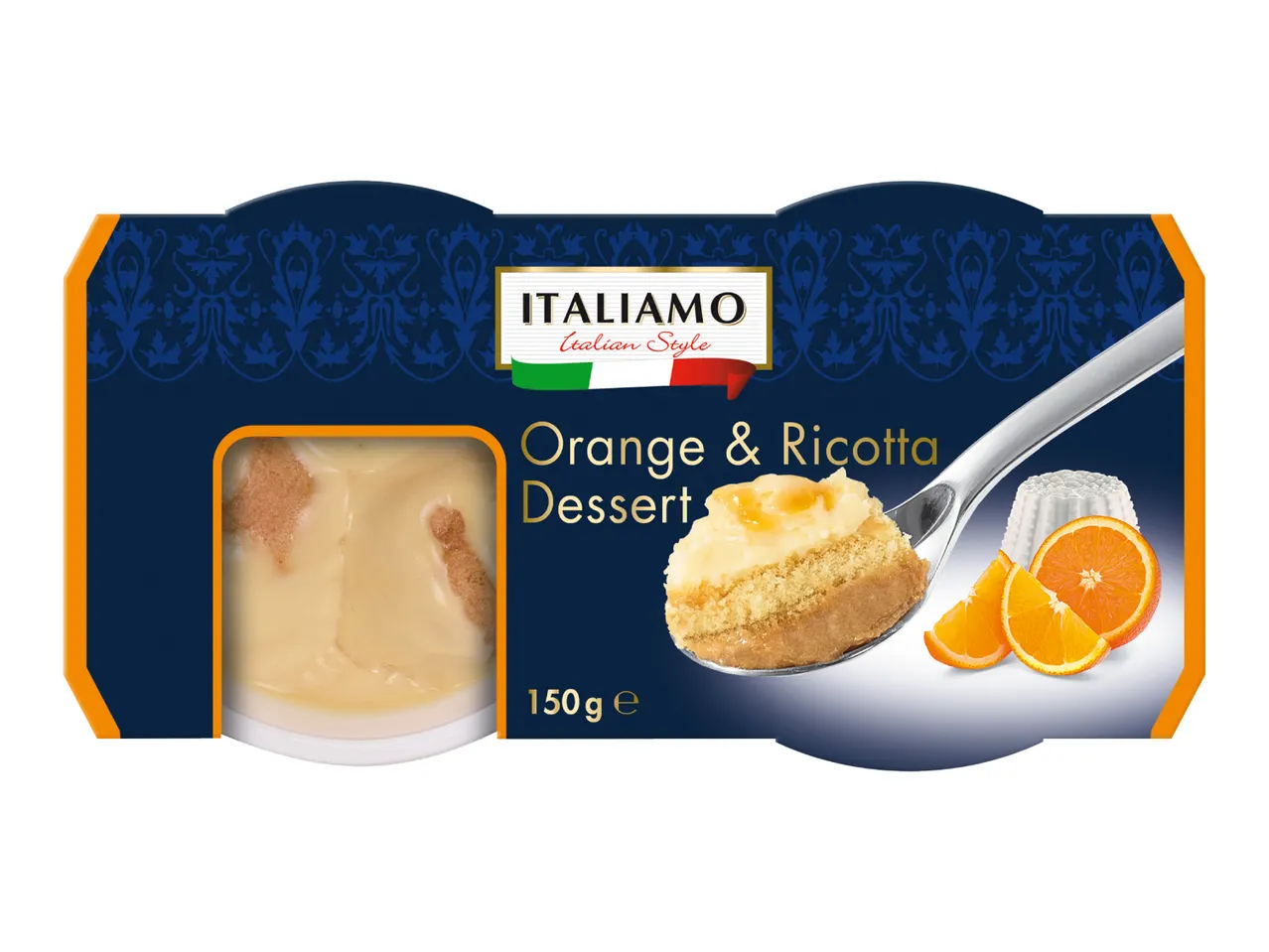 Orange & Ricotta Dessert in a dark blue package with Italian style design, 150g.