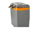 Portable electric cool box with car and home power plugs, gray and orange.