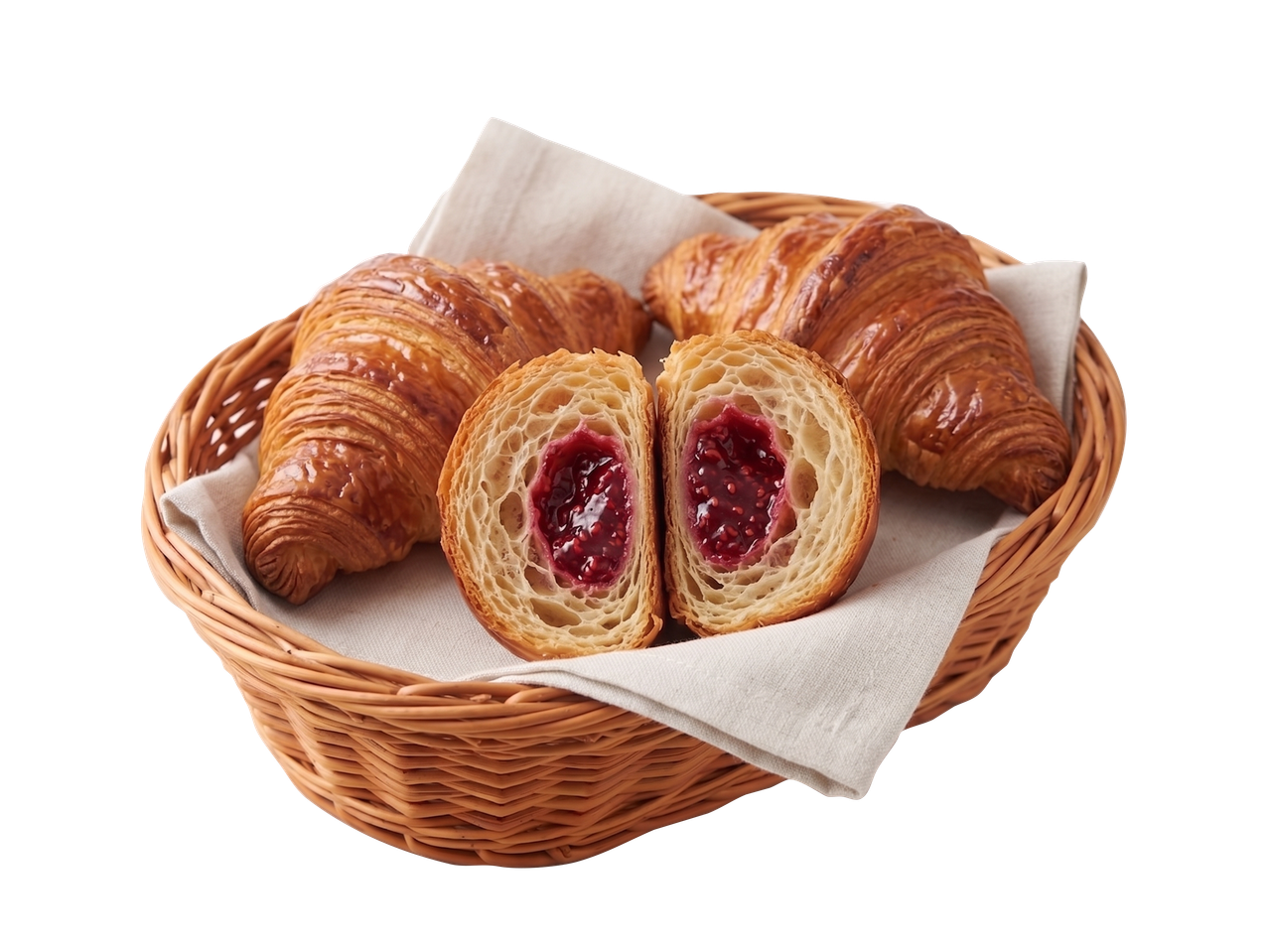 Croissants nature et un croissant coupé en deux avec de la confiture de framboise dans un panier.