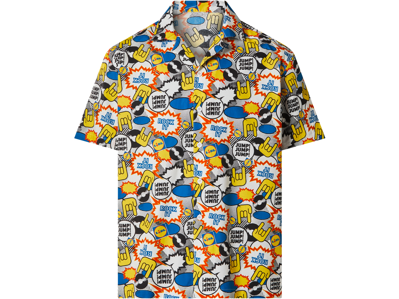 White short-sleeved shirt with a pop art pattern featuring rock hands, records, and speech bubbles.