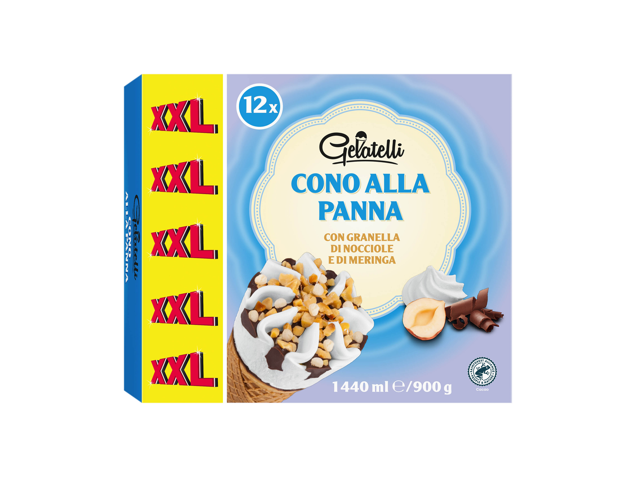 Confezione di coni gelato Gelatelli XXL al gusto panna con granella di nocciole e meringa.