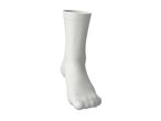 A single white sock, standing upright, with a ribbed cuff and textured fabric.