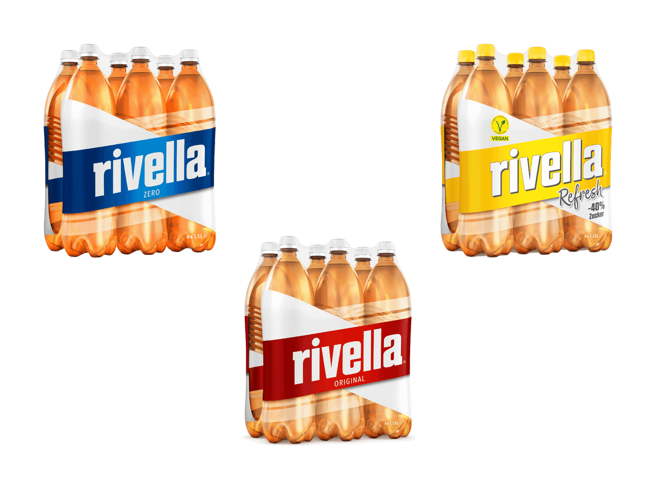 Tre confezioni da 6 bevande rinfrescanti: Zero, Original e Refresh con il 40% in meno di zucchero.