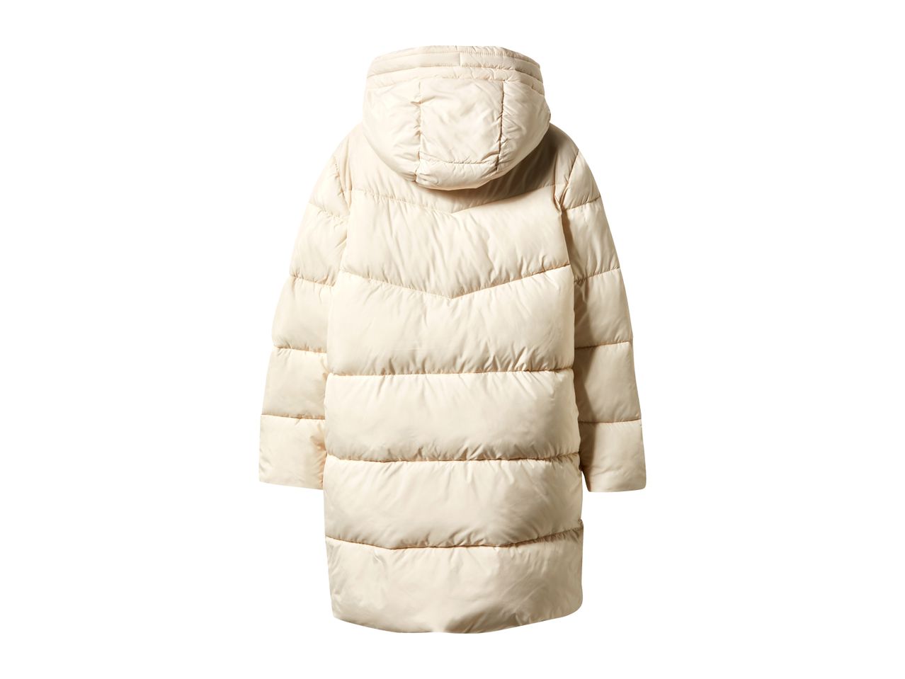 Back view of a long, cream-colored puffer coat with a hood