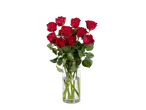 Um buquê de rosas vermelhas em um vaso de vidro.