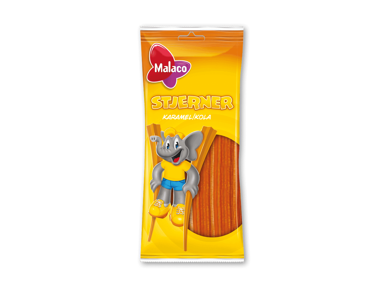 En gul slikpose med karamel- og kolastænger og en elefantmaskot på stylter.