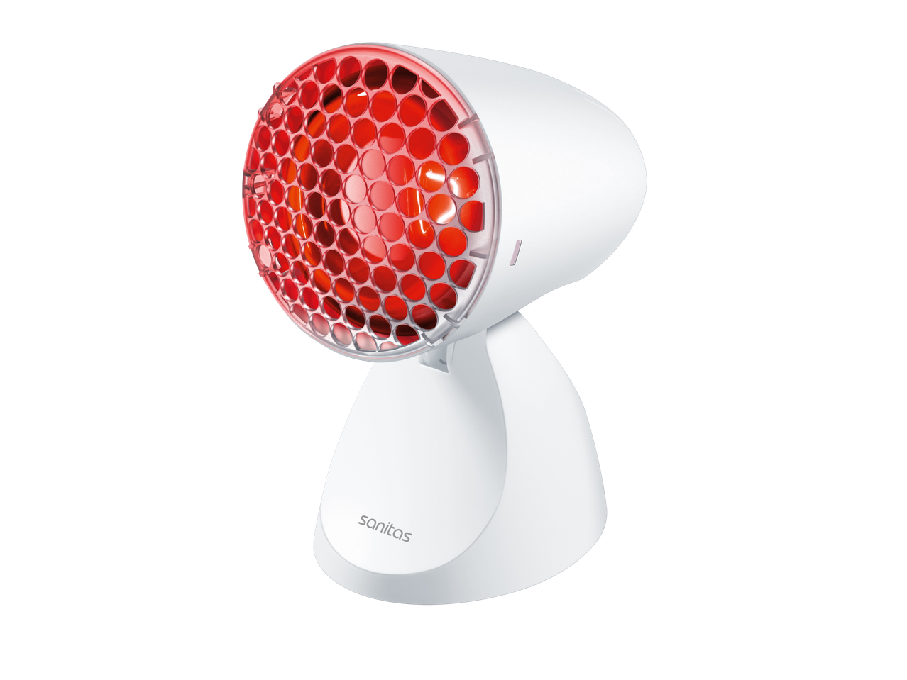 Sanitas® infraraudonųjų spindulių lempa su raudona šviesa ant balto pagrindo.