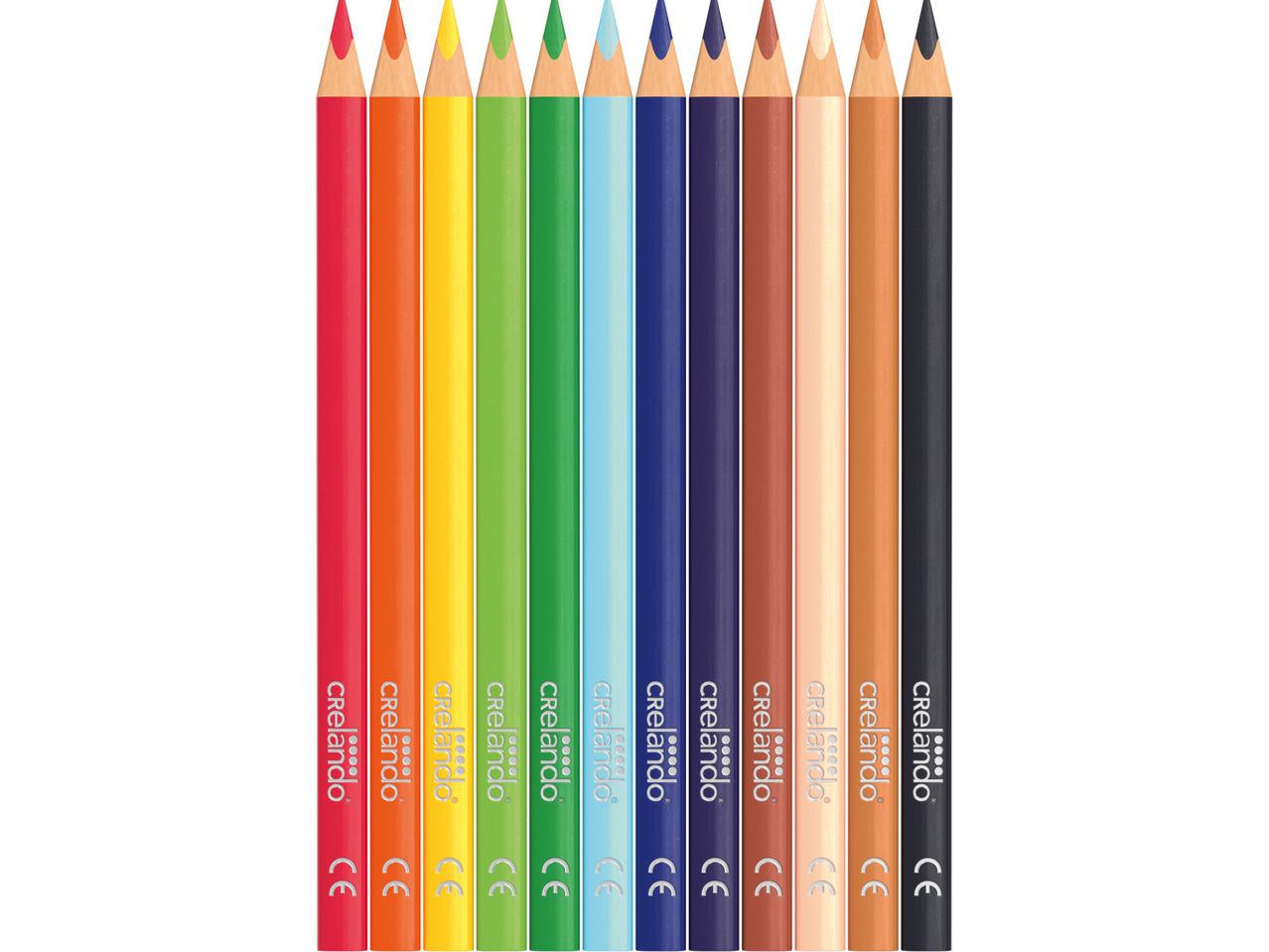 A row of twelve Crelando colored pencils in various colors, from red to black.