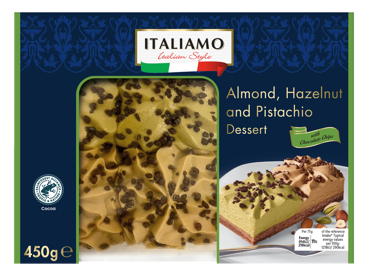 Italiamo Almond, Hazelnut, and Pistachio Dessert with Chocolate Chips, 450g