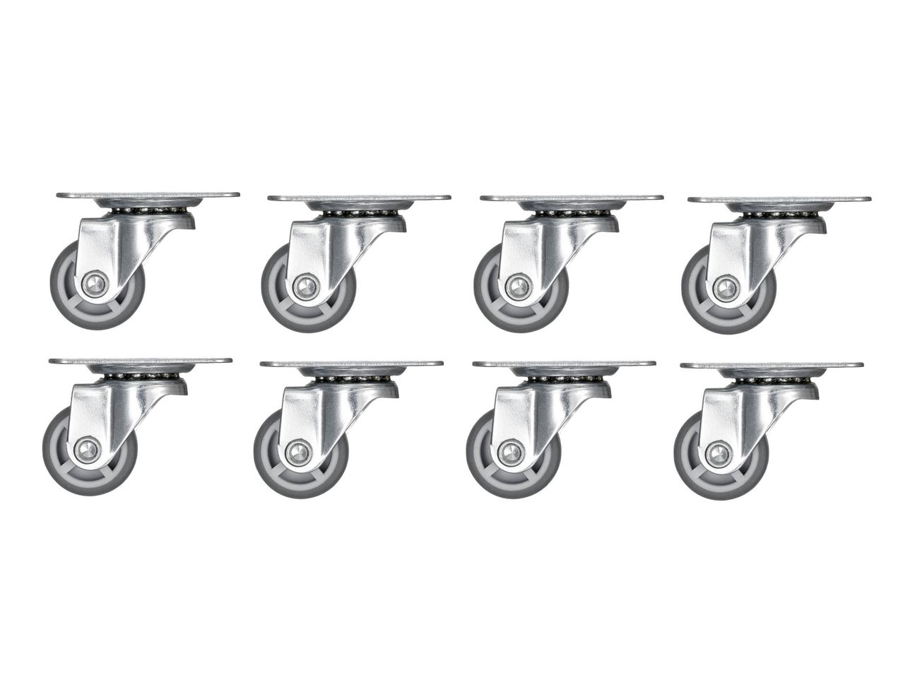 Eight gray and silver caster wheels with top plates