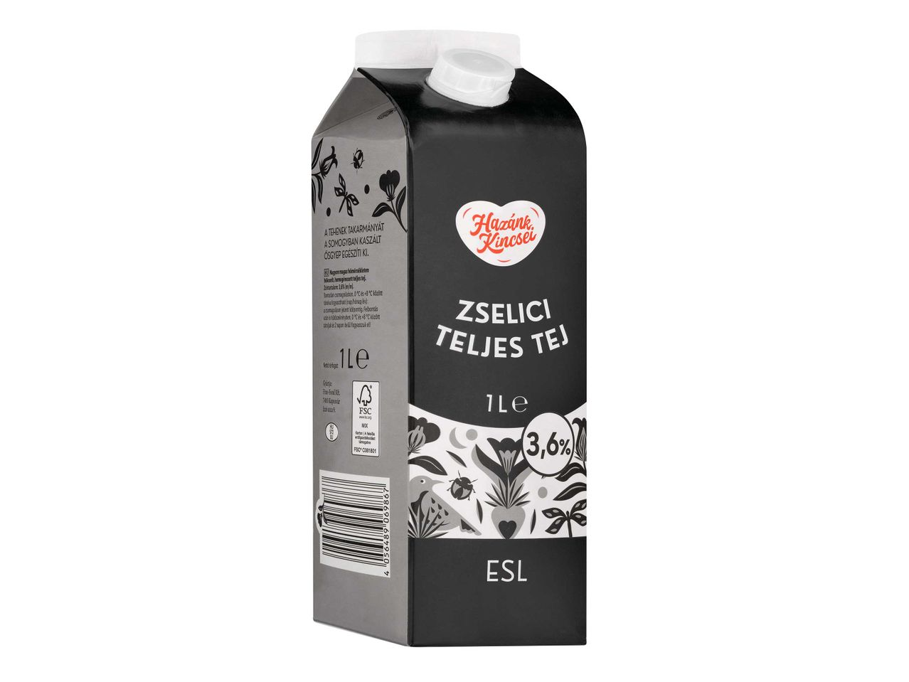 Fekete dobozos Zselici teljes tej, 3,6% zsírtartalommal, 1 literes kiszerelésben.