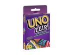 A purple card game box with 'UNO FLIP!' and text about double-sided cards.