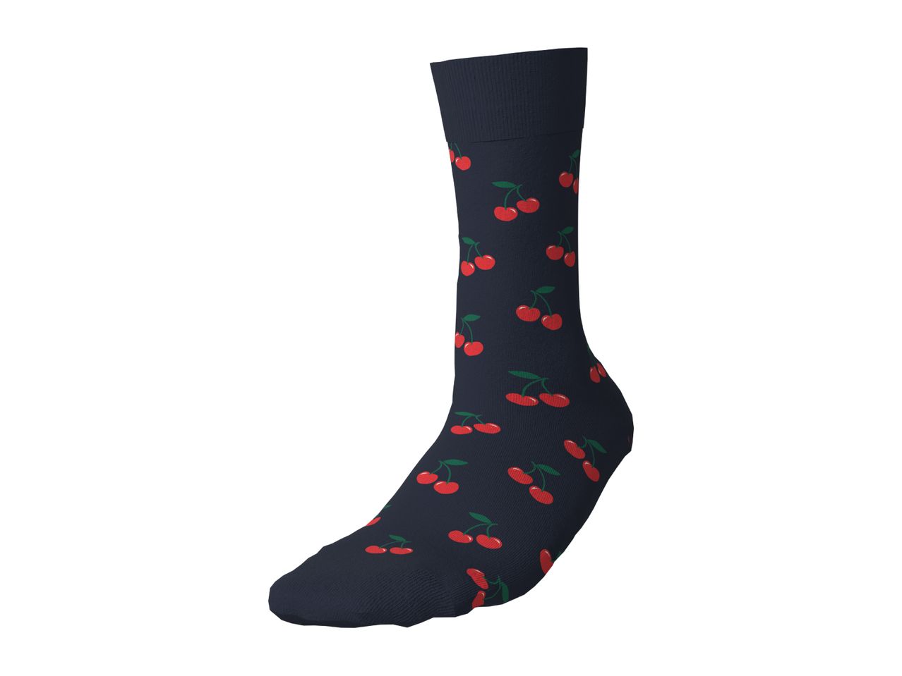 Dark blue sock with a red cherry pattern