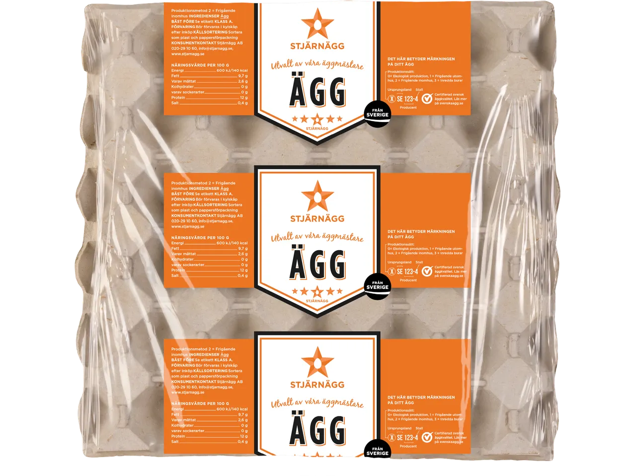 Tre förpackningar Stjärnägg med information om näringsvärde och produktionssätt.