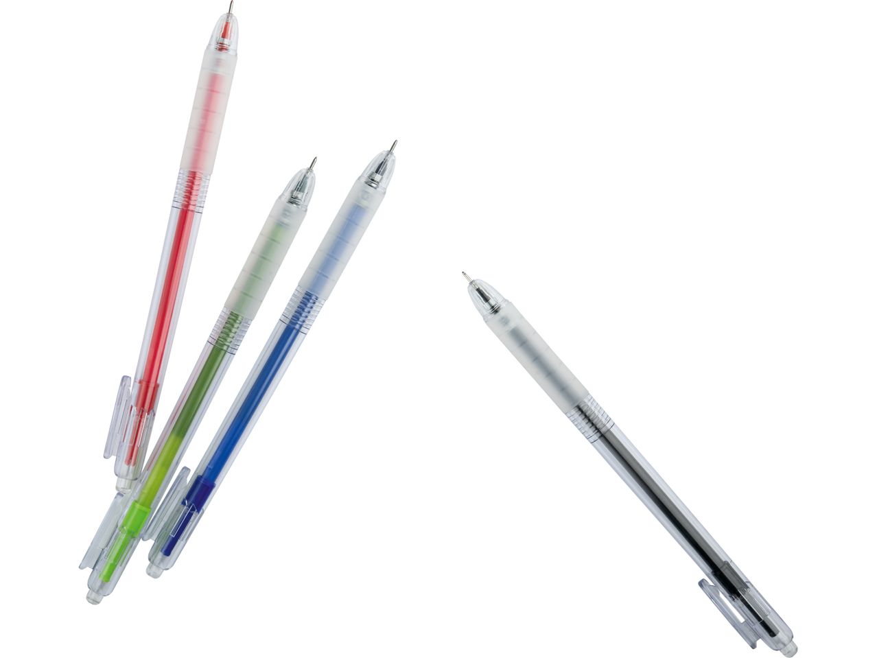 Three translucent gel pens and one black ballpoint pen.