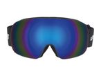 Black ski goggles with a blue iridescent lens and black strap.