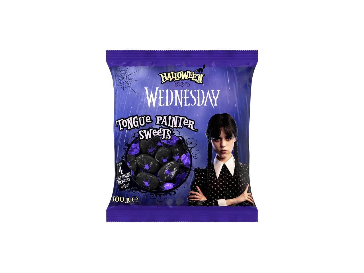 Helovino trečiadienio liežuvio dažų saldainių maišelis su Wednesday Addams personažu