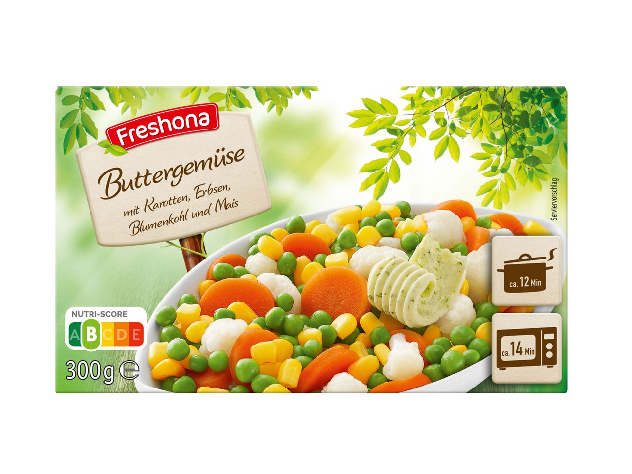Verpackung für Buttergemüse mit Karotten, Erbsen, Blumenkohl und Mais, Nutri-Score A, 300g.