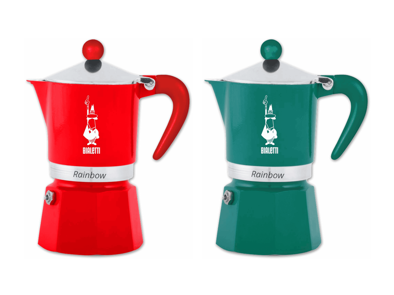Zwei bunte Espressokocher, einer rot und einer türkis, mit der Aufschrift „Rainbow“.