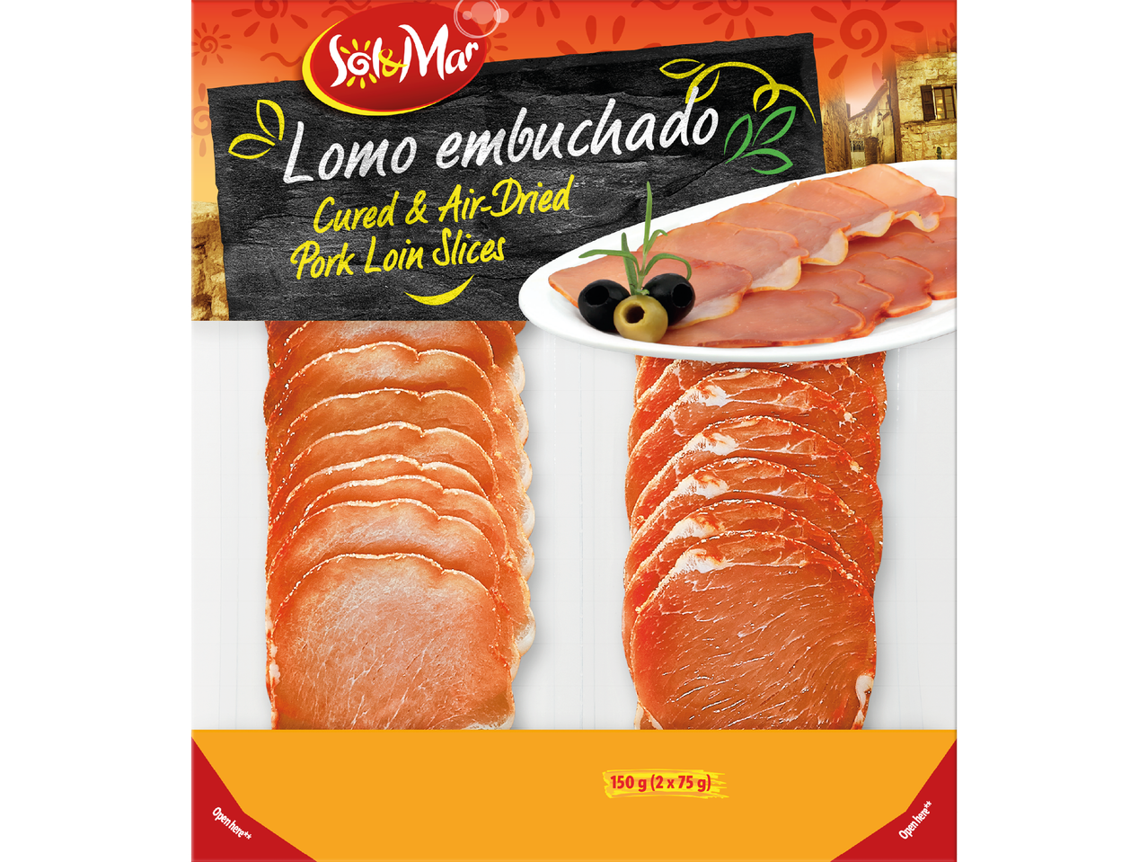 Förpackning med skivad, lufttorkad fläskfilé, med texten 'Lomo embuchado Cured & Air-Dried Pork Loin Slices' och vikten 150 g.