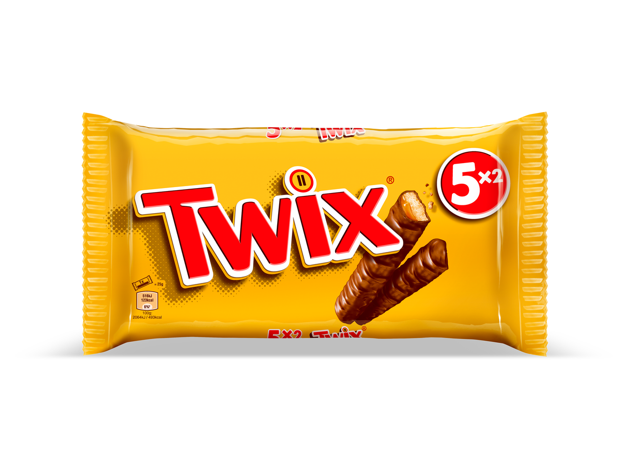 Gele verpakking met chocoladerepen, met de tekst '5x2' en voedingsinformatie.