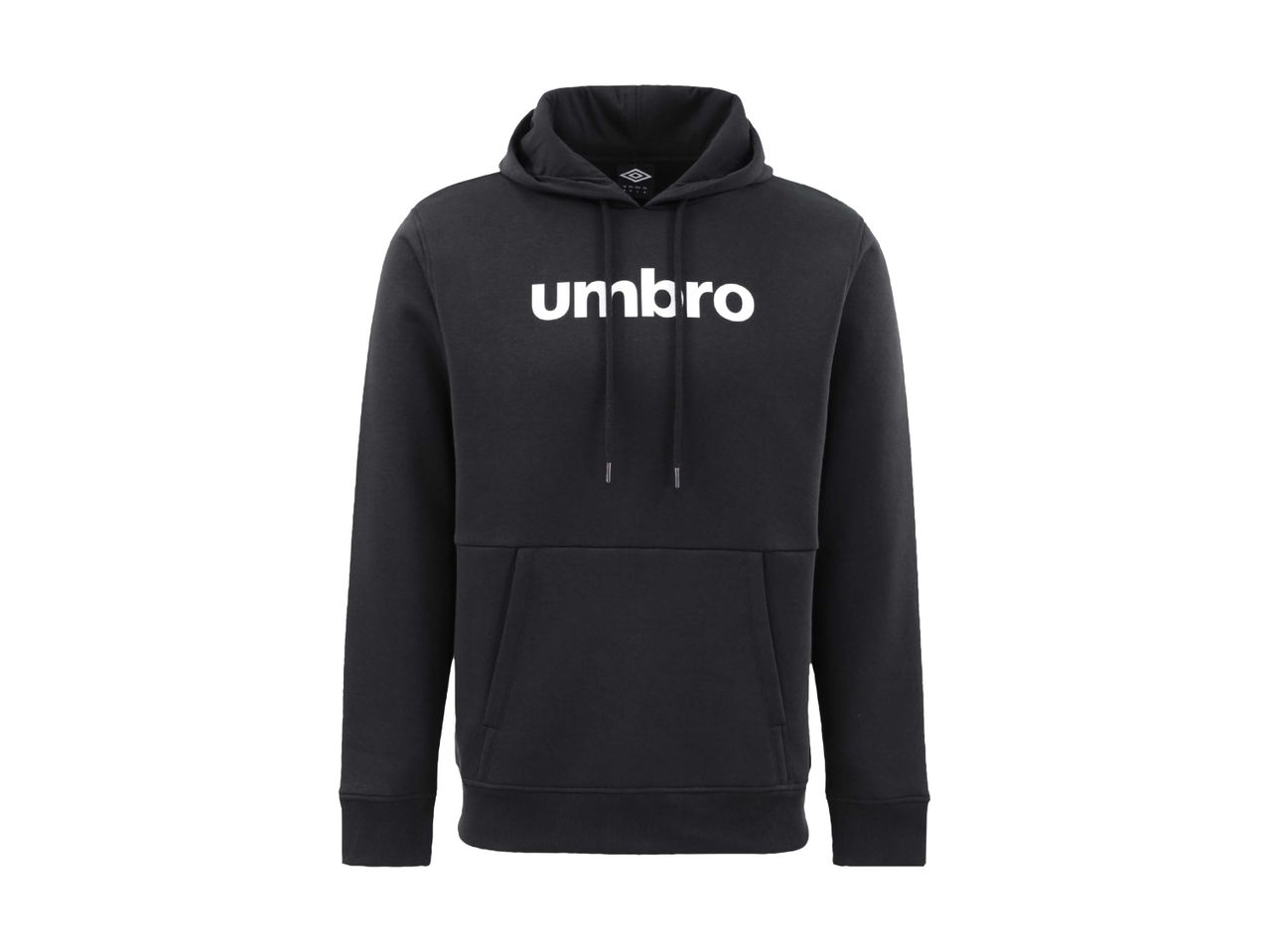 Sort hættetrøje med hvidt logo på brystet og snore i hætten.
