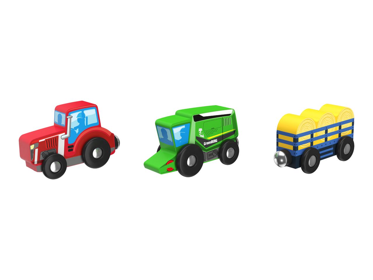 Three wooden toy farm vehicles: a red tractor, a green combine harvester, and a blue and yellow hay wagon.
