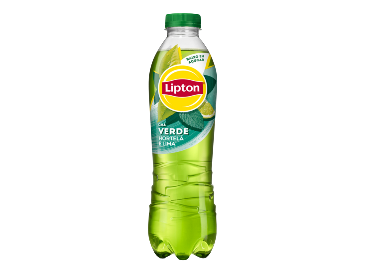 Garrafa de chá verde com hortelã e lima, baixo em açúcar.