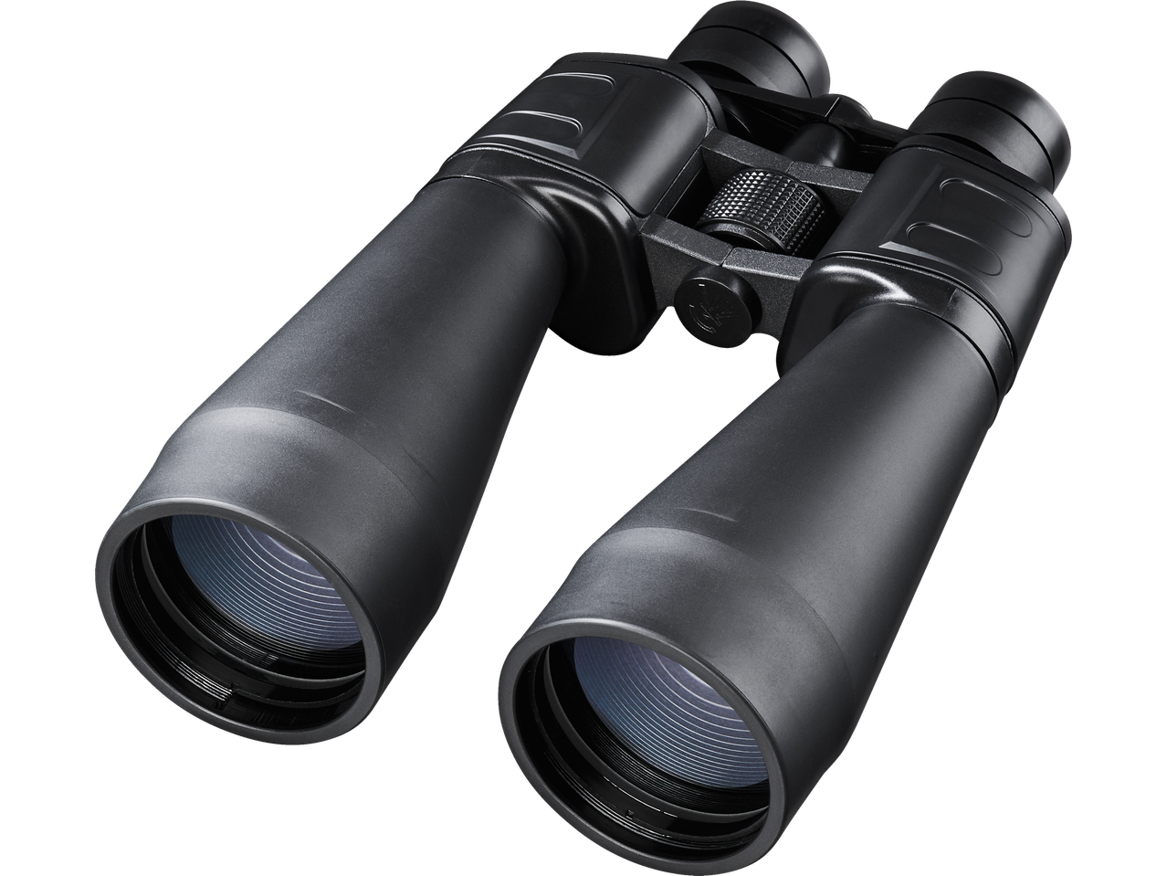 Juodi žiūronai su fokusavimo ratuku ir mėlynais lęšiais juodame fone.