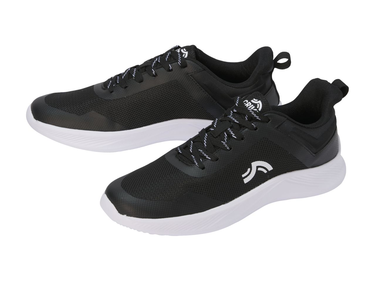 Pair of black and white athletic shoes with mesh uppers and white soles