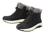 Pair of black winter boots with faux fur lining and white soles