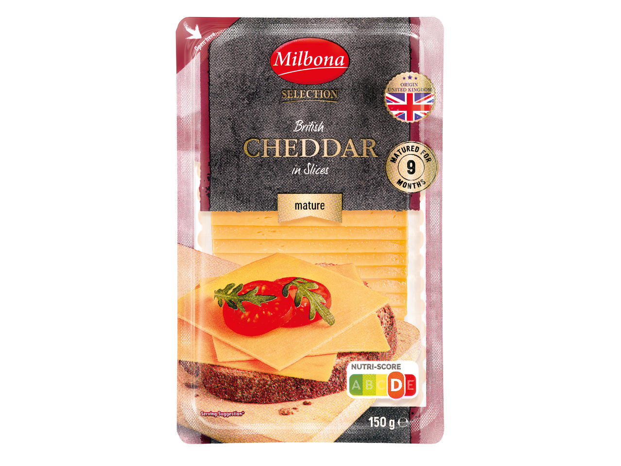 Опаковка на нарязан зрял британски чедър, 150 г, с Nutri-Score D.