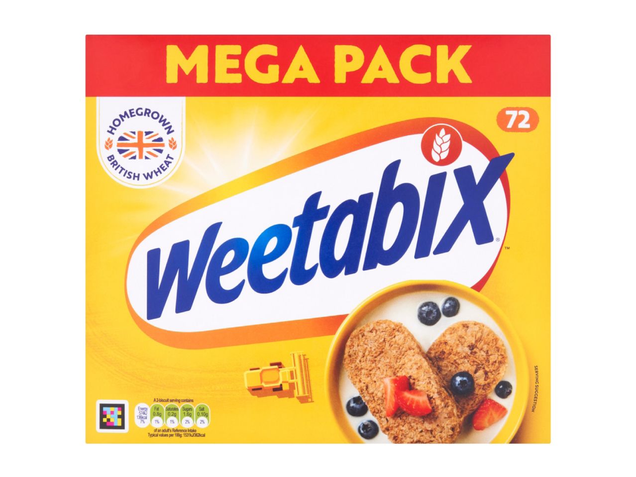 Weetabix Mega Pack cereal box with two biscuits in a bowl with milk and berries.