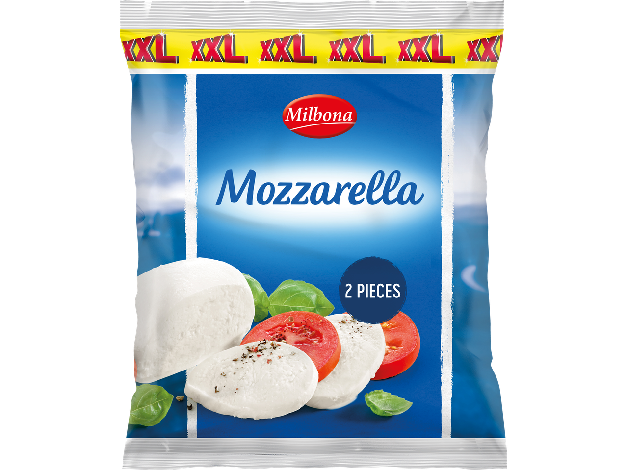 Milbona Mozzarella, två stora bitar i en förpackning.