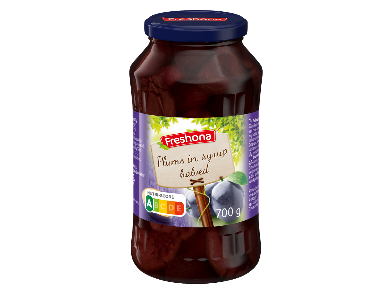Freshona slyvų puselės sirupe stiklainyje, 700 g, su Nutri-Score A