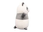 Side view of a white and grey panda plush toy