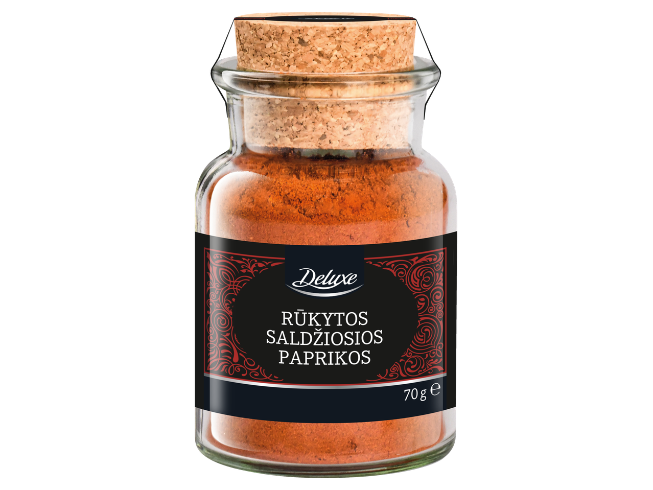 Deluxe rūkytos saldžiosios paprikos milteliai stikliniame indelyje su kamščiu, 70g.