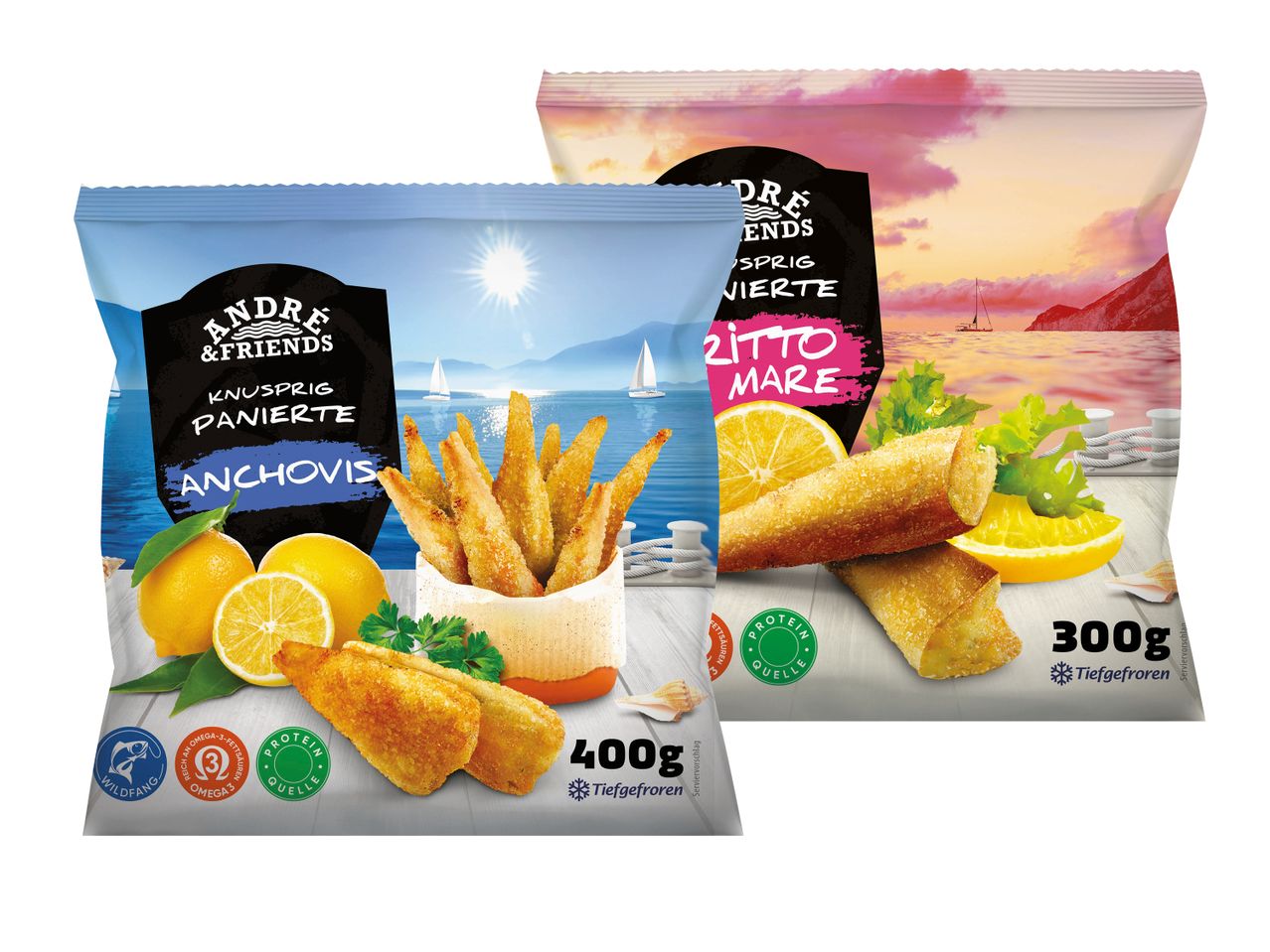 Zwei Packungen tiefgekühlter Fischstäbchen von 'Zizzi's' in verschiedenen Geschmacksrichtungen.