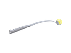 A grey plastic tennis ball retriever with a yellow tennis ball on the end.