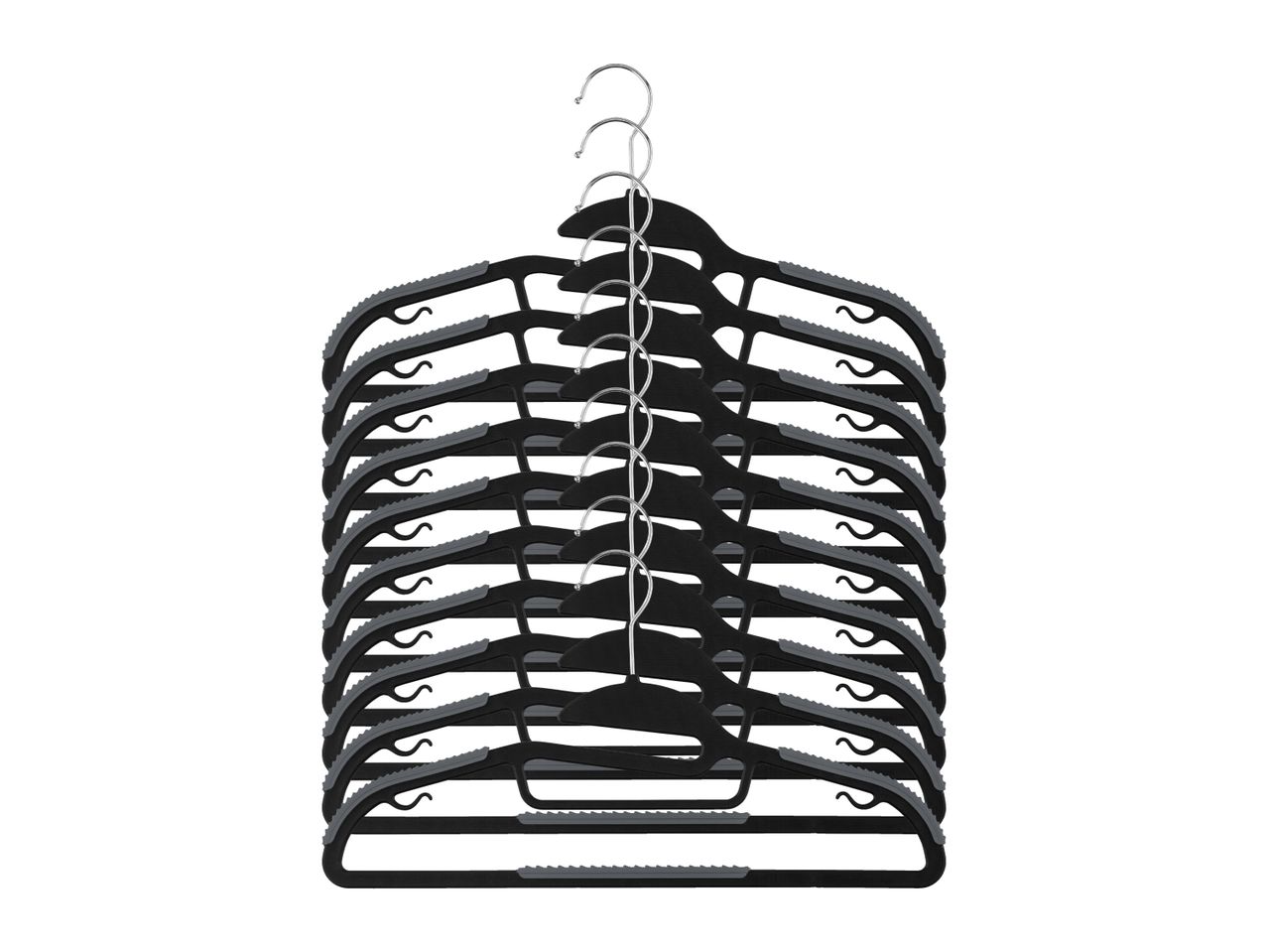 A stack of black and grey non-slip clothes hangers with metal hooks.