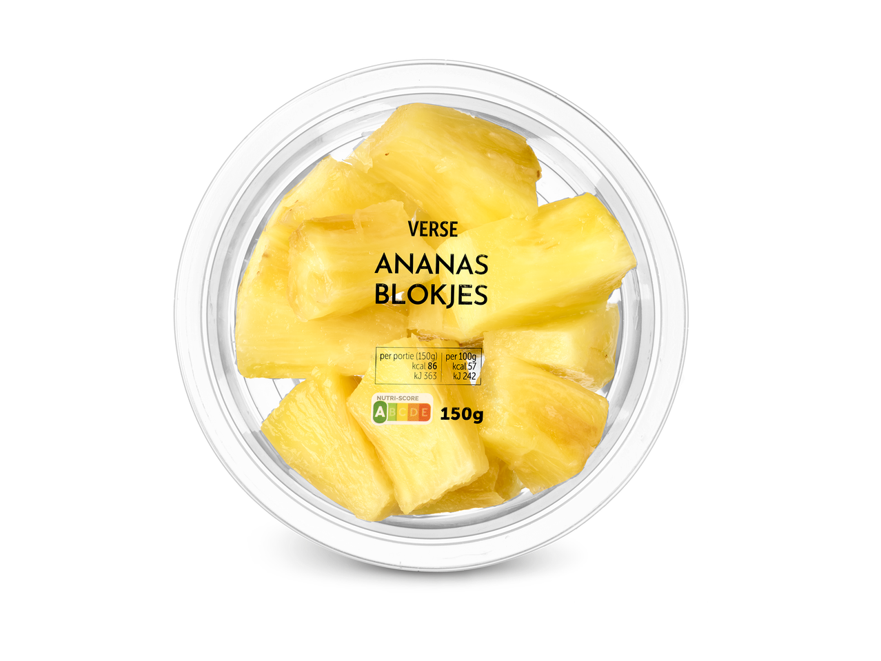 Verse ananasblokjes in een doorzichtige verpakking met voedingsinformatie en Nutri-Score A.