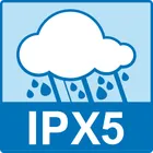 IPX5 vízállósági jelzés esőfelhővel és esőcseppekkel.