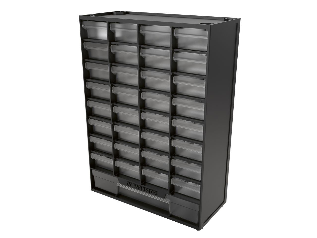 Organiseur de rangement noir avec 33 tiroirs transparents pour petites pièces.