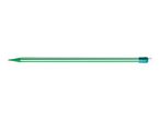 A green and white striped pencil with an eraser on a white background.
